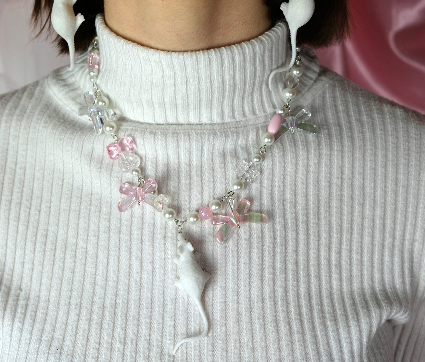 Rat Bow Earrings + Necklace white