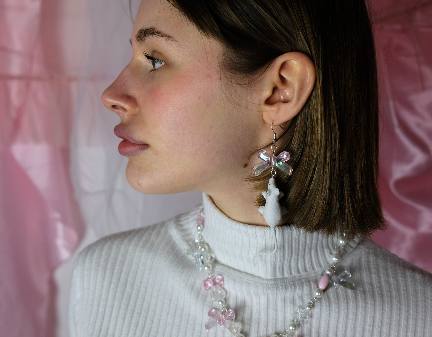 Rat Bow Earrings + Necklace white