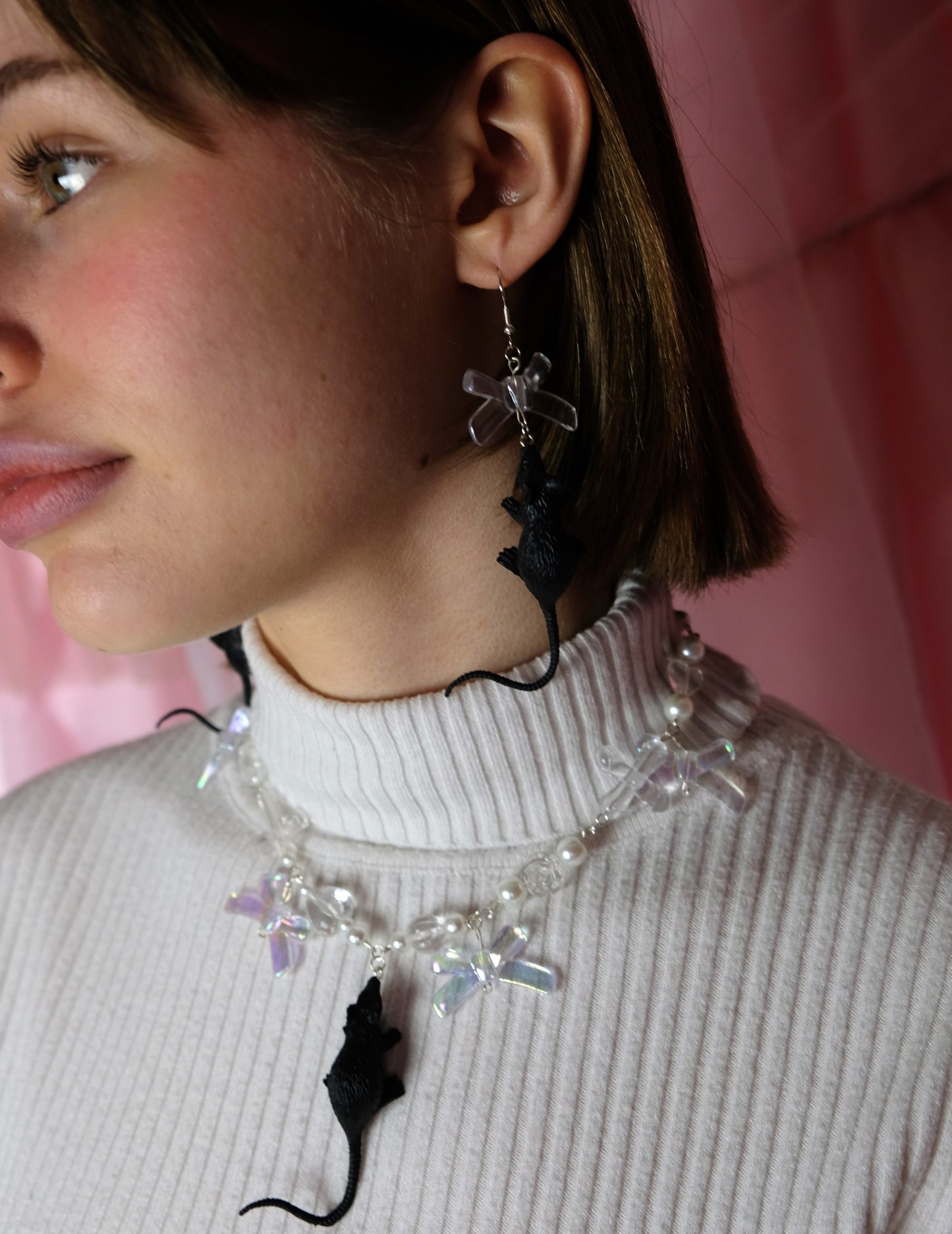 Rat Bow Earrings + Necklace black