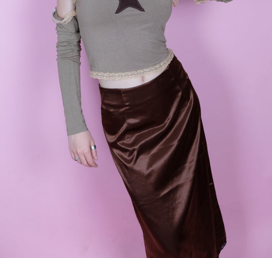 Brown silky maxi skirt- 6-8