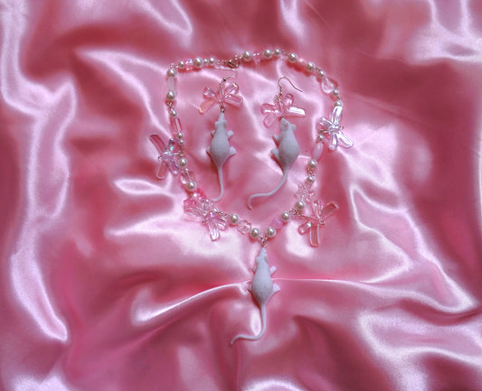 Rat Bow Earrings + Necklace white
