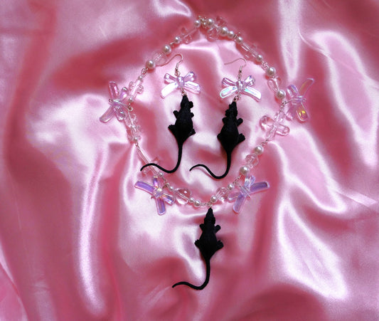 Rat Bow Earrings + Necklace black
