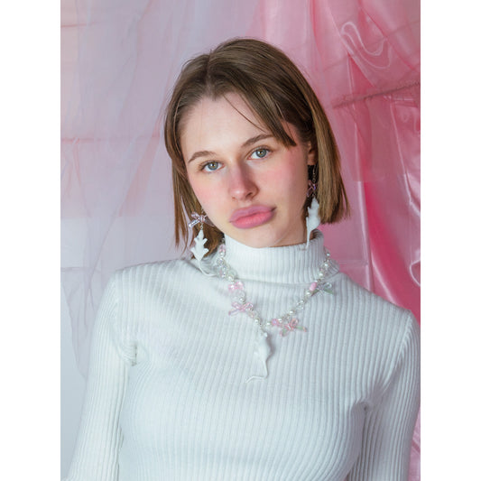 Rat Bow Earrings + Necklace white