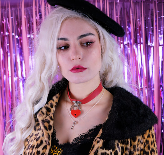 Love Lock Chokers+key necklace ( Red, Blue, Pink)
